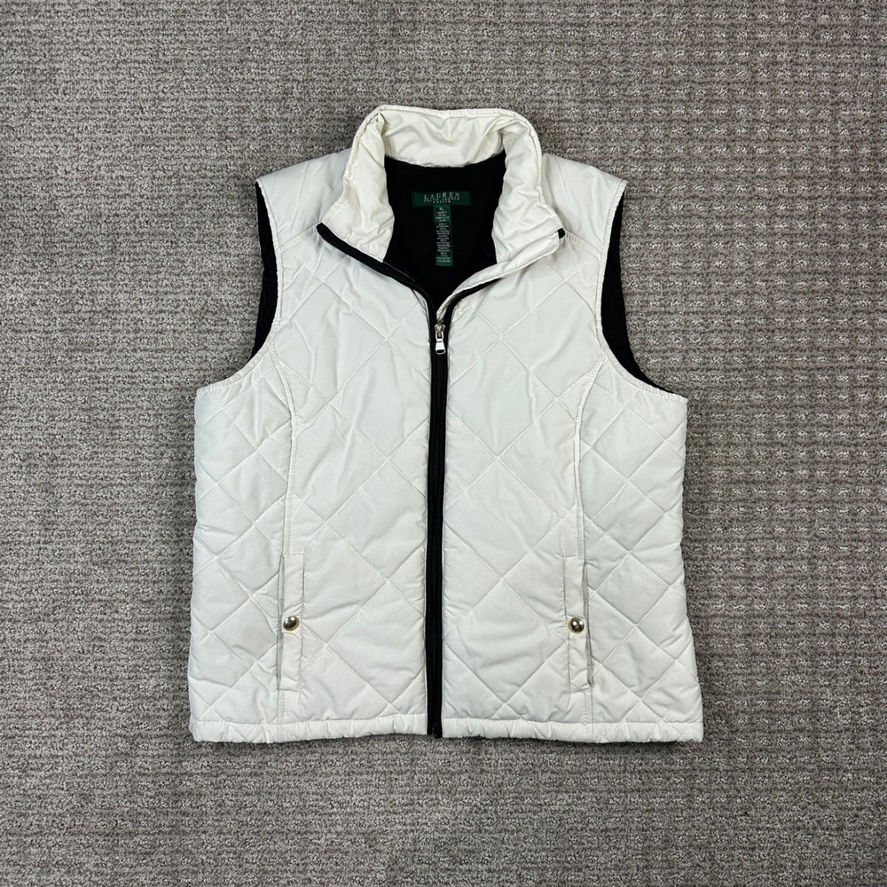Lauren Ralph Lauren Petite Quilted Vest Cream White Black Trim Full Zip Size PL
